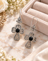 Gothic inspired Black Onyx clover cross earrings with vintage sterling silver filigree design