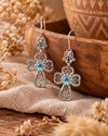 Blue Topaz 925 Sterling Silver Clover Cross Filigree Dangle Earrings