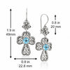 December birthstone Blue Topaz clover cross earrings with botanical sterling silver filigree design