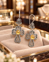 Citrine 925 Sterling Silver Clover Cross Filigree Dangle Earrings