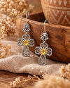 Natural Citrine clover cross dangle earrings in handmade sterling silver for women