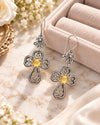 November birthstone Citrine clover cross earrings with botanical sterling silver filigree design