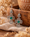 Emerald 925 Sterling Silver Clover Cross Filigree Dangle Earrings