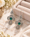 Emerald 925 Sterling Silver Clover Cross Filigree Dangle Earrings