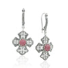 Pink Rhodonite filigree cross earrings with romantic Victorian inspired silver design