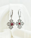 Red Ruby Corundum filigree cross earrings with romantic Victorian inspired silver design