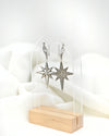 North Star sterling silver celestial dangle earrings worn on woman ear