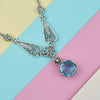 Blue Topaz Silver Vintage Style Victorian Necklace, Unique Handmade Rose Detailed Floral Bridal Statement Necklace Jewelry