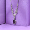Amethyst Silver Vintage Victorian Filigree Necklace, Handcrafted Purple Violet Stone Heart & Daisy Flower Charm Detailed Necklace Jewelry