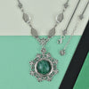 Silver Filigree Green Malachite Necklace, Detailed Flower Design, Large Boho Statement Jewelry