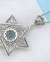 925 Sterling Silver Aqua Blue Chalcedony Jewish Star Necklace, Filigree Star of David Jewish Jewelry