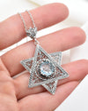 Sterling Silver Blue Topaz Jewish Star Necklace, Filigree Magen David Israeli Jewelry