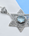 Sterling Silver Blue Topaz Jewish Star Necklace, Filigree Magen David Israeli Jewelry