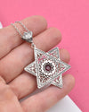 925 Sterling Silver Ruby Corundum Jewish Star Necklace, Filigree Star of David Jewish Jewelry