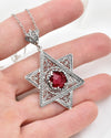 Sterling Silver Ruby Magen David Necklace, Handmade Filigree Star of David Israeli Jewelry