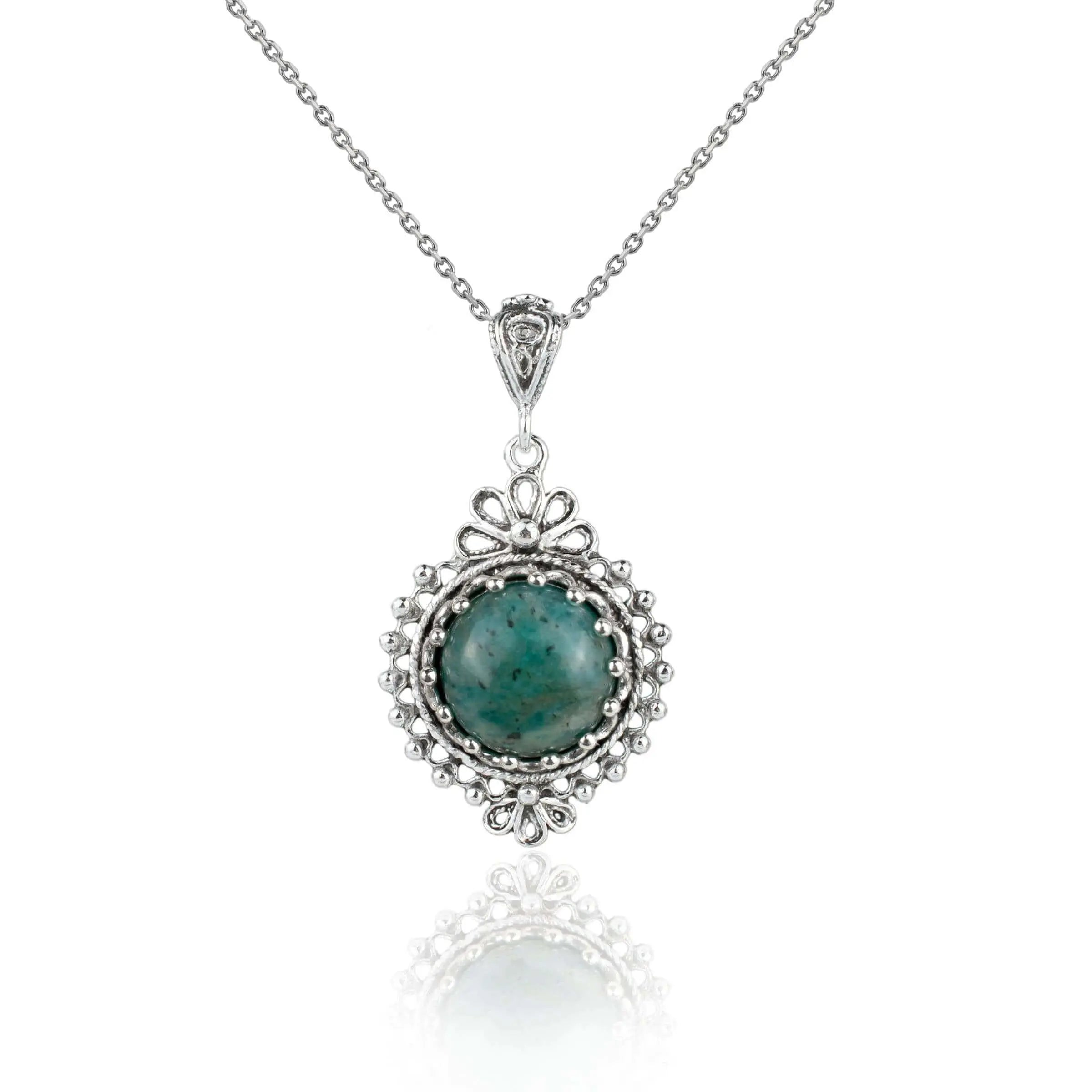 Filigree Art Amazonite Gemstone Women Silver Boho Pendant Necklace
