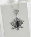 Filigree Art Amethyst Gemstone Blossoming Lotus Flower Women Silver Pendant Necklace