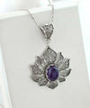Filigree Art Amethyst Gemstone Lotus Flower Women Silver Pendant Necklace