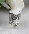 Filigree Art Bee Detailed Mother Of Pearl Gemstone Women Silver Statement Ring