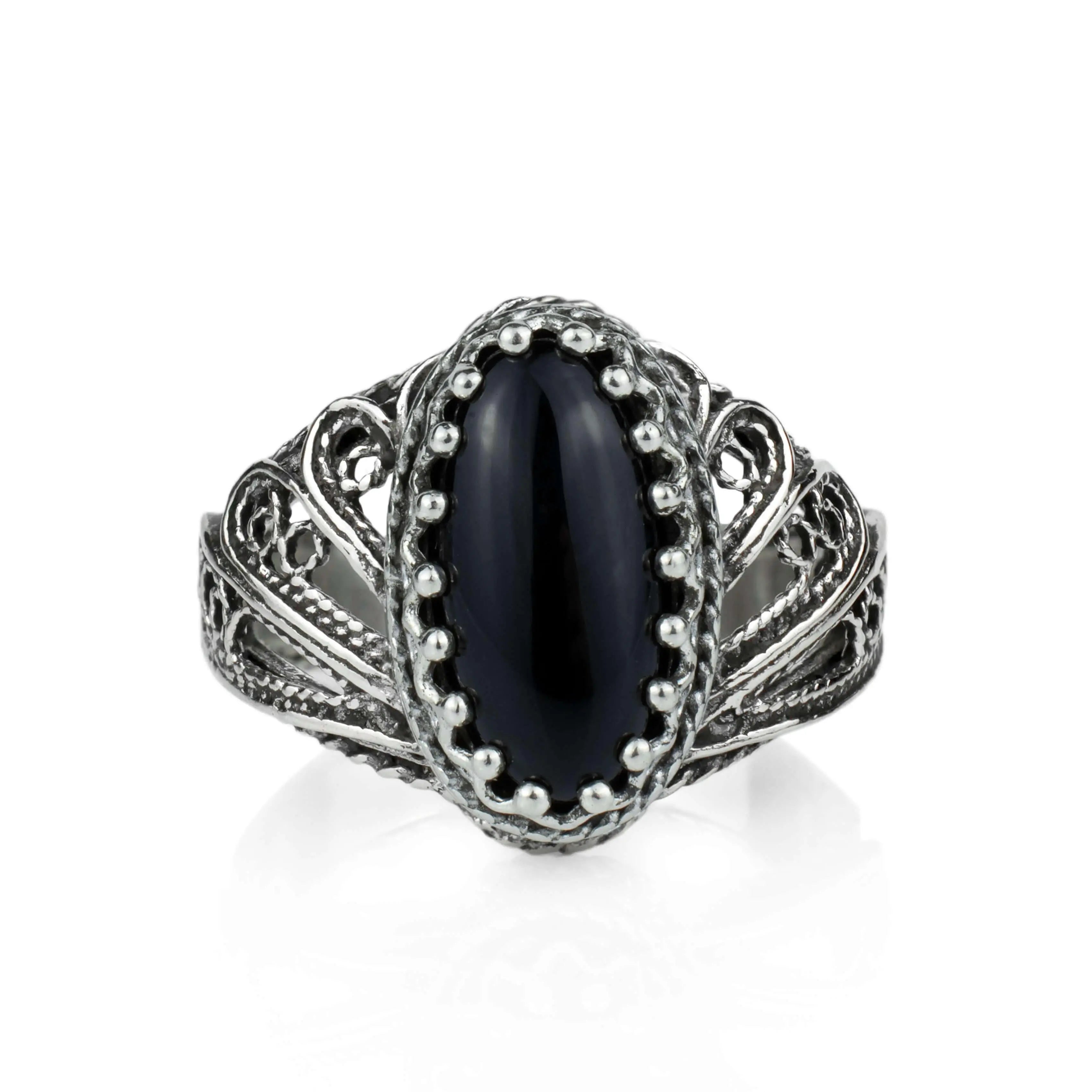 Filigree Art Black Onyx Gemstone Angel Design Women Silver Cocktail Ring