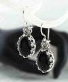 Filigree Art Black Onyx Gemstone Crown Figured Women Silver Oval Drop Earrings