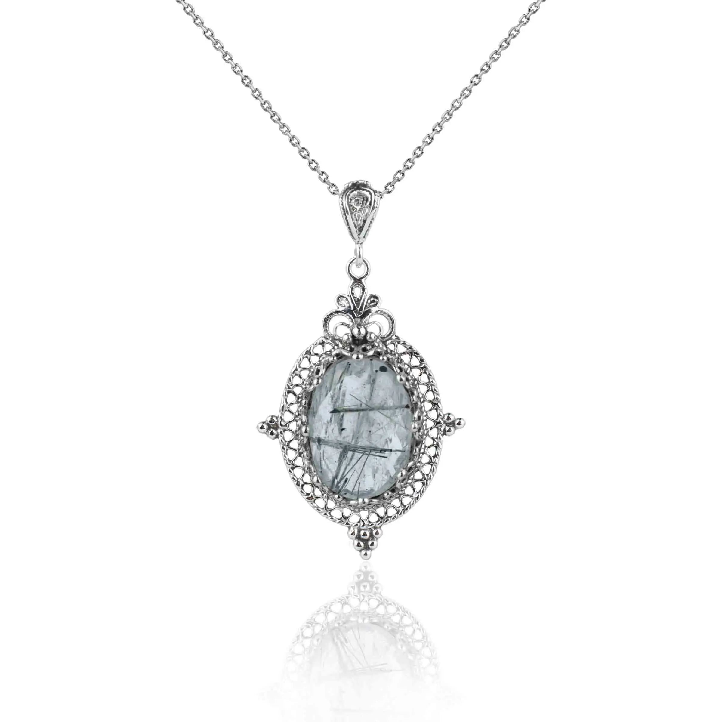 Filigree Art Black Rutile Gemstone Women Silver Oval Pendant Necklace