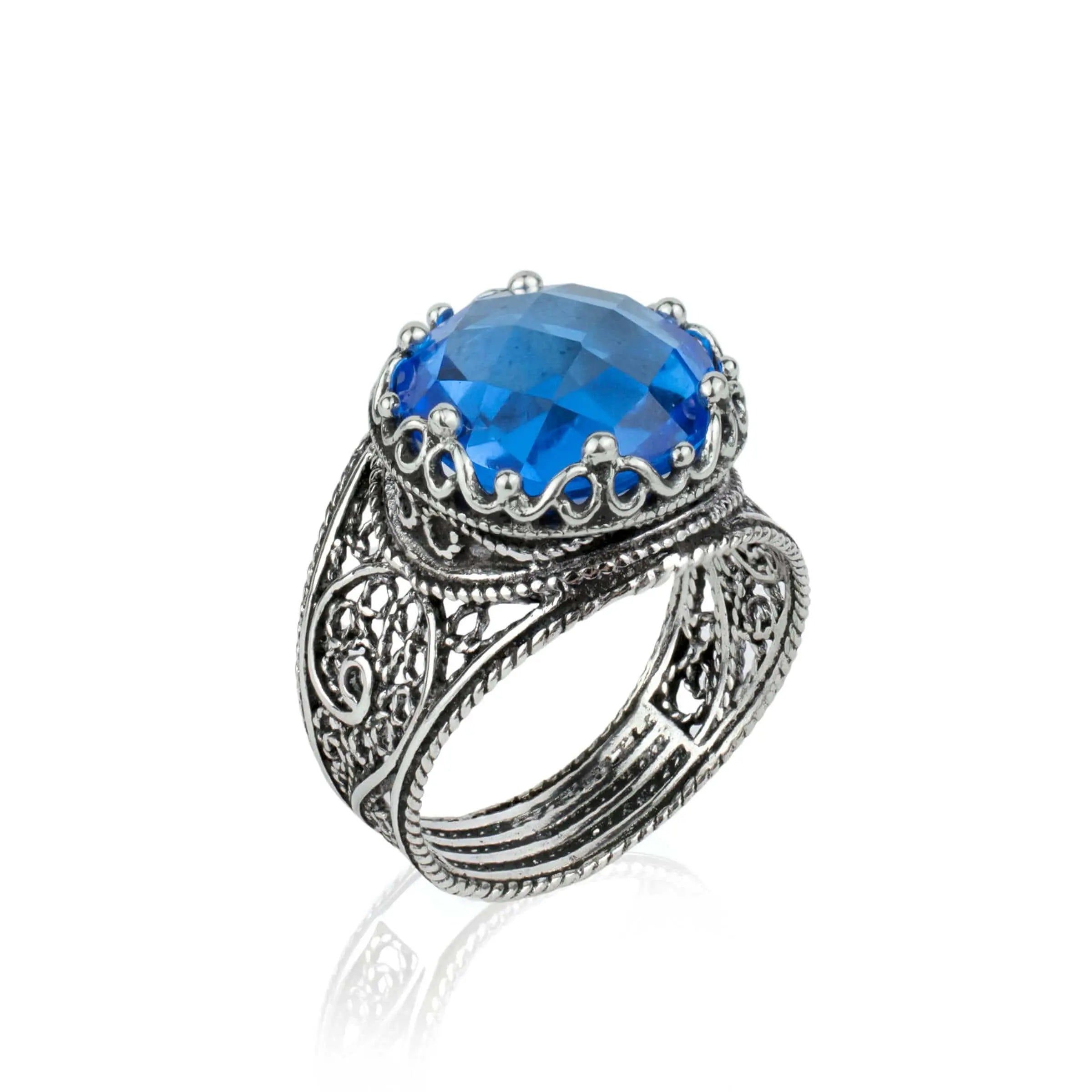 Filigree Art Blue Quartz Gemstone Crown Design Women Silver Statement Ring