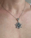 Filigree Art Blue Topaz Gemstone Blossoming Lotus Flower Women Silver Pendant Necklace