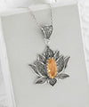 Filigree Art Citrine Gemstone Blossoming Lotus Flower Women Silver Pendant Necklace