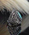 Filigree Art Copper Turquoise Gemstone Lace Detailed Women Silver Statement Ring