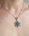 Filigree Art Emerald Gemstone Blossoming Lotus Flower Women Silver Pendant Necklace