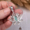 Filigree Art Emerald Gemstone Blossoming Lotus Flower Women Silver Pendant Necklace