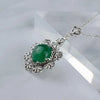 925 Sterling Silver Filigree Art Green Agate Gemstone Floral Pendant Necklace