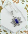 Filigree Art Lapis LazuliGemstone Blossoming Lotus Flower Women Silver Pendant Necklace