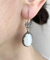 Filigree Art Mother of Pearl Gemstone Women Silver Oval Dangle Earrings