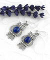 Filigree Art Owl Figured Lapis Lazuli Gemstone Women Silver Dangle Earrings