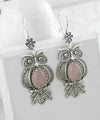 Filigree Art Owl Figured Rose Quartz Gemstone Women Silver Dangle Earrings
