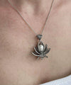Filigree Art Pearl Gemstone 3D Lotus Flower Women Silver Pendant Necklace