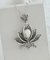 Filigree Art Pearl Gemstone 3D Lotus Flower Women Silver Pendant Necklace