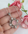 Sterling Silver Filigree Art Pink Chalcedony Gemstone Floral Pendant Necklace