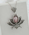 Filigree Art Pink Pearl Gemstone 3D Lotus Flower Women Silver Pendant Necklace