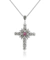 Filigree Art Rhodonite Gemstone Women Silver Cross Pendant Necklace