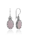 Filigree Art Rose Quartz Gemstone Crown Figured Women Silver Oval Drop Earrings