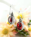 Filigree Art Ruby Quartz Gemstone Heart Detailed Women Silver Oval Drop Earrings