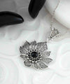 Filigree Art Silver Lotus Flower Black Onyx Gemstone Women Pendant Necklace
