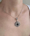 Filigree Art Silver Lotus Flower Black Onyx Gemstone Women Pendant Necklace