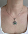 Filigree Art Silver Lotus Flower Emerald Gemstone Women Pendant Necklace