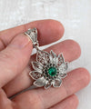 Filigree Art Silver Lotus Flower Emerald Gemstone Women Pendant Necklace