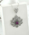 Filigree Art Silver Lotus Flower Ruby Corundum Gemstone Women Pendant Necklace