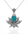 Filigree Art Turquoise Gemstone 3D Lotus Flower Women Silver Pendant Necklace